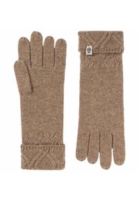 Braune gestrickte Handschuhe mit gerippten Bündchen, die ein Kabelstrickdesign am Handgelenk aufweisen. Hergestellt aus einem weichen, strukturierten Wollmischmaterial.