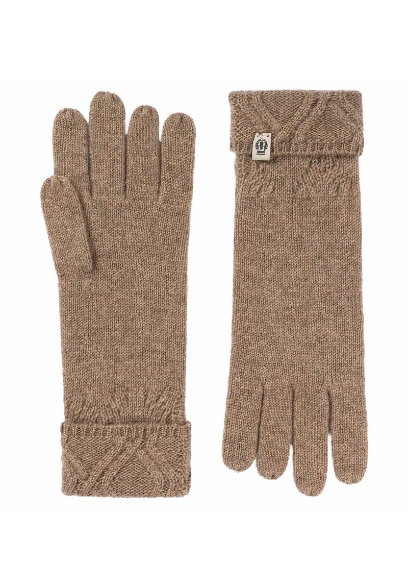 Braune gestrickte Handschuhe mit gerippten Bündchen, die ein Kabelstrickdesign am Handgelenk aufweisen. Hergestellt aus einem weichen, strukturierten Wollmischmaterial.