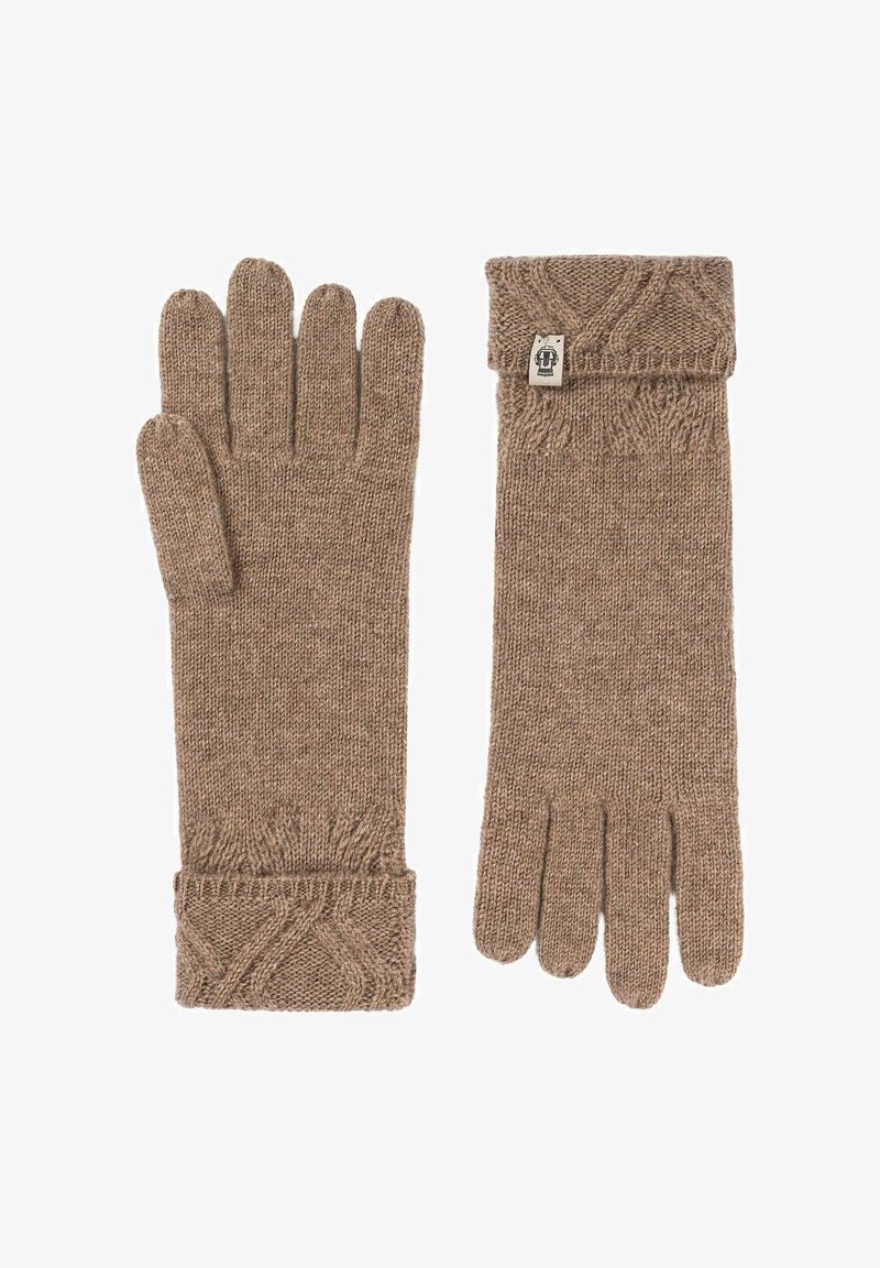 Braune gestrickte Handschuhe mit gerippten Bündchen, die ein Kabelstrickdesign am Handgelenk aufweisen. Hergestellt aus einem weichen, strukturierten Wollmischmaterial.