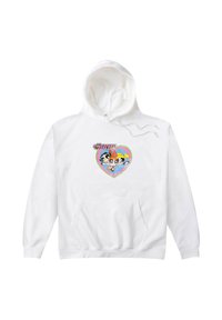 Sudadera blanca con capucha y un bolsillo frontal, adornada con un gráfico colorido de tres personajes dentro de un corazón. Incluye capucha con cordones y puños acanelados.