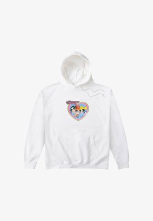 Sudadera blanca con capucha y un bolsillo frontal, adornada con un gráfico colorido de tres personajes dentro de un corazón. Incluye capucha con cordones y puños acanelados.