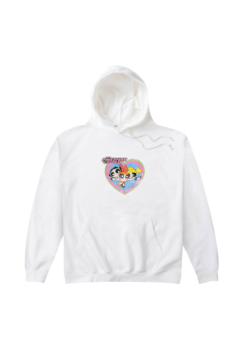 Sudadera blanca con capucha y un bolsillo frontal, adornada con un gráfico colorido de tres personajes dentro de un corazón. Incluye capucha con cordones y puños acanelados.