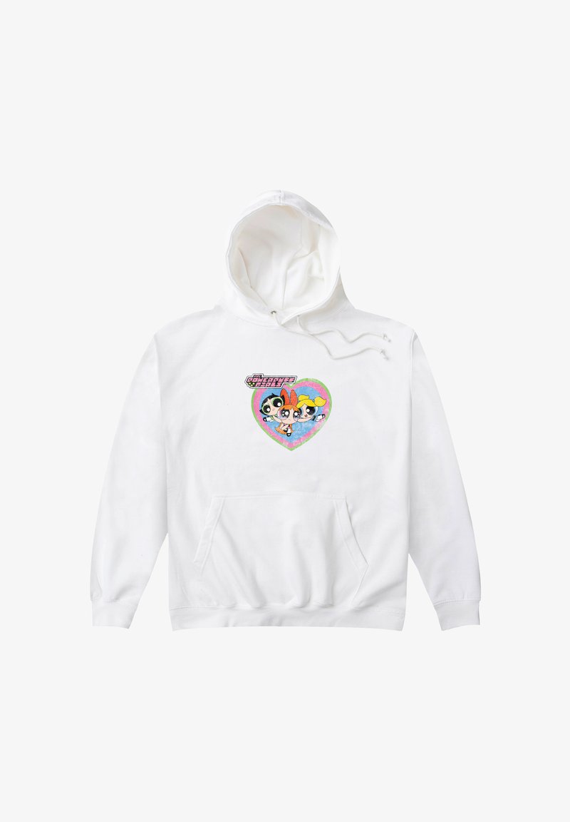 Sudadera blanca con capucha y un bolsillo frontal, adornada con un gráfico colorido de tres personajes dentro de un corazón. Incluye capucha con cordones y puños acanelados.