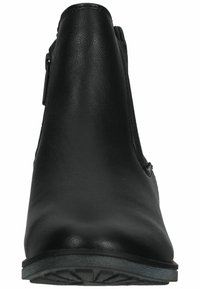 Schwarze Ankle Boots aus glattem Leder, runde Spitze, seitlicher Reißverschluss und flache Sohle. Einfaches Design ohne sichtbare Muster oder Akzente.