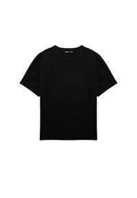 Czarny bawełniany T-shirt, krótki rękaw, okrągły dekolt, luźny krój, jednolity kolor, bez wzorów, miękka tekstura, minimalistyczny design.