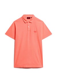 Koraal polo-shirt van katoen, met een klassieke kraag, korte mouwen en een klein geborduurd logo op de borst. Effen textuur.