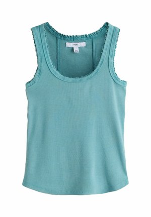 Türkisfarbenes, geripptes ärmelloses Tanktop mit gerüschten Kanten an Ausschnitt und Armlöchern, Größe Small, Marke "Next" Etikett innen.