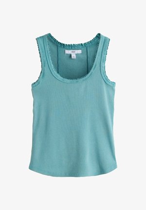 Türkisfarbenes, geripptes ärmelloses Tanktop mit gerüschten Kanten an Ausschnitt und Armlöchern, Größe Small, Marke "Next" Etikett innen.