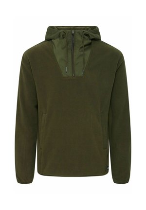 Oliven grøn fleece pullover med hætte, lynlås foran og en struktureret overflade. Har to sidelommer og en buet hæm.