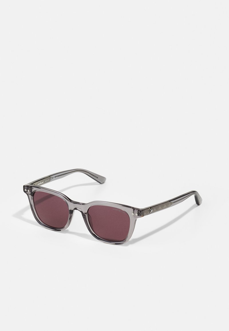 Gray transparent sunglasses with rectangular lenses in dark pink, textured arms featuring an engraved pattern, and metallic accents.