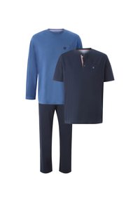 Cotton loungewear set featuring a long-sleeve blue top, a navy short-sleeve top with a pocket, and matching navy pants. Textured fabric.