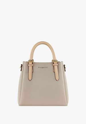 Sac à main beige avec une texture en cuir lisse, deux poignées supérieures et des éléments en métal doré. Présente le logo de la marque imprimé à l'avant.
