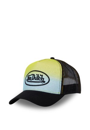 Casquette trucker Von Dutch à dégradé jaune et bleu clair avec dos en mesh noir et visière noire incurvée.