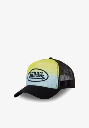 Casquette trucker Von Dutch à dégradé jaune et bleu clair avec dos en mesh noir et visière noire incurvée.