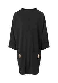 Schwarzes Tunika-Kleid aus weichem Stoff, mit weitem Ausschnitt, breiten Ärmeln, zwei vorderen Taschen mit goldenen Akzenten und einem lässigen Schnitt.