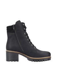 Black ankle boots made of synthetic material with a textured finish, lace-up front, side zipper, and a chunky heel with a treaded sole.