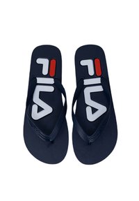 Infradito blu navy con una fascia testurizzata, un grande logo bianco e rosso sul plantare e un design piatto per una facile vestibilità.
