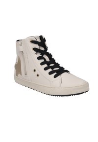 Sneaker alte in pelle bianca con lacci neri, dettagli dorati, cerniera laterale e una stella dorata sul lato esterno. Suola in gomma.