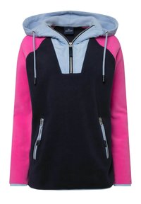 Felpa con cappuccio caratterizzata da un design a V, corpo blu navy, maniche rosa e dettagli azzurri, con tasche con zip e lacci.