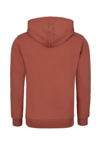 Roestkleurige hoodie met een trekkoord capuchon, lange mouwen, geribde manchetten en tailleband. Zacht materiaal en minimalistisch ontwerp. Effen achterkant.