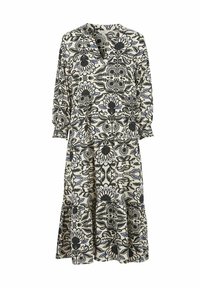 Kleid mit floralem Muster, das einen Creme-Hintergrund, schwarze und blaue Designs, einen V-Ausschnitt sowie lange Ärmel mit gerafften Bündchen aufweist. Ausgestellter Saum.