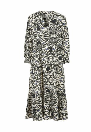 Kleid mit floralem Muster, das einen Creme-Hintergrund, schwarze und blaue Designs, einen V-Ausschnitt sowie lange Ärmel mit gerafften Bündchen aufweist. Ausgestellter Saum.
