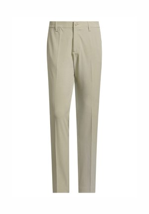 Beige slacks made from lightweight fabric. Features a flat front, belt loops, and a zip fly with button closure. Straight leg design.
