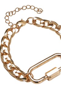 Bracelet en métal doré avec des maillons de chaîne entrelacés et un fermoir, doté d'une extension de chaîne réglable pour ajuster la taille.