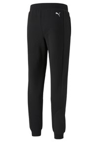 Sorte atletikbukser med en struktureret sidepanel, elastisk taljebånd og logo på øverste venstre ben. Lavet af slidstærkt, fleksibelt stof.