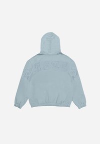 Sweatshirt à capuche bleu clair avec une coupe décontractée, des poignets côtelés, un ourlet élastique et des lettres vieillies au dos. Texture lisse.
