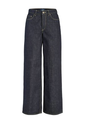 Jean en denim bleu foncé à jambes larges avec poches avant, passants pour ceinture et fermeture par bouton à la taille.