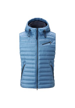 Light blue puffer vest with a hood, vertical quilted design, side zip pockets, and an additional zippered chest pocket. Smooth texture.