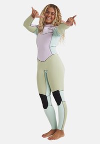 Wetsuit in soft pastel colors with a fitted design, featuring long sleeves, knee pads, and contrasting stitching details.