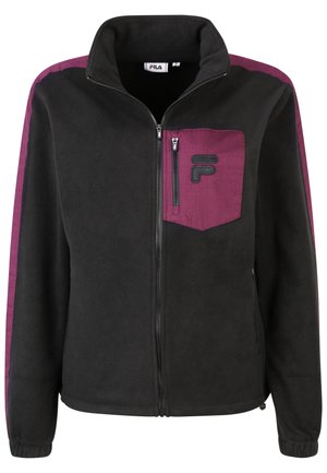 Zwarte fleece jack met hoge kraag, ritssluiting aan de voorkant en een paarse borstzak met logo. Inclusief contrasterende paarse zijstroken.