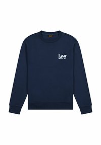 Navy blauwe sweatshirt gemaakt van katoen. Heeft een ronde hals, lange mouwen, geribbelde manchetten en zoom, met een witte Lee-logo op de borst.
