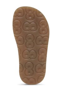 Brun gummisål med cirkulære mønstre, præget "FALC" tekst, struktureret overflade for bedre greb og rund tåform.