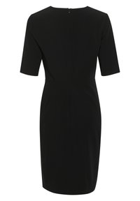 Svart klänning med korta ärmar, slankt snitt, knälång längd och en diskret dragkedja bak. Slen tygstruktur.