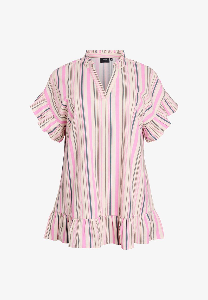 Striped short-sleeve blouse in pink, cream, and gray, featuring a V-neck and a ruffled hem. Made of lightweight fabric with a relaxed fit.