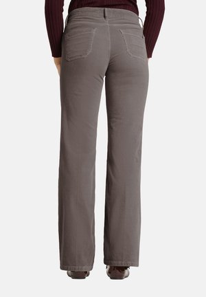 Grau kordhose mit geradem Bein, zwei Gesäßtaschen und einer strukturierten Oberfläche. Der Bund verfügt über Gürtelschlaufen.