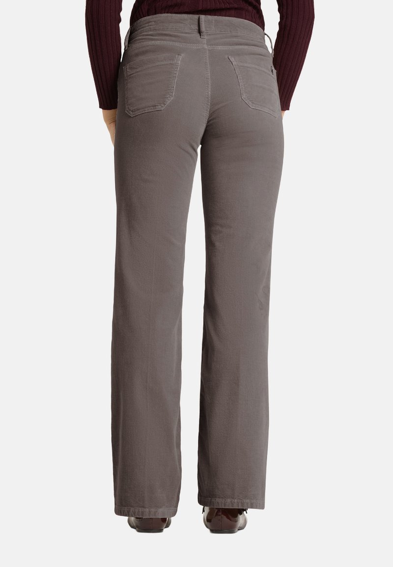 Grijze corduroy broek met een rechte pijp, twee achterzakken en een gestructureerde afwerking. De tailleband heeft lussen voor een riem.