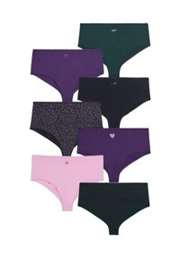 Eight pairs of women's cotton briefs in various colors: purple, dark green, black, dark blue, and pink, with graphic accents and patterns.
