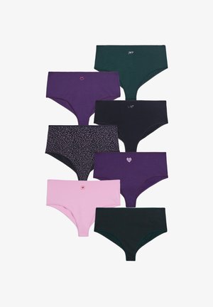 Otto paia di mutande di cotone da donna in vari colori: viola, verde scuro, nero, blu scuro e rosa, con dettagli grafici e motivi.