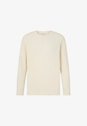 Długi rękaw, koszulka z okrągłym dekoltem w miękkiej, kremowej tkaninie. Posiada gładką fakturę i prosty design bez widocznych wzorów czy akcentów.