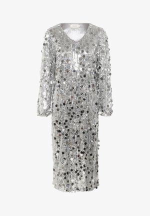Hõbedane sequini kleit V-kaelusega, pikkade varrukatega ja põlvekõrguse äärega, millel on hulgaliselt ümmarguseid sequine, luues läikiva tekstuuri.