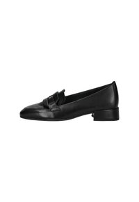 Black leather loafers with a pointed toe, featuring a decorative bow on the front and a low, square heel. Smooth texture and sleek design.