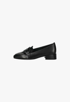 Black leather loafers with a pointed toe, featuring a decorative bow on the front and a low, square heel. Smooth texture and sleek design.