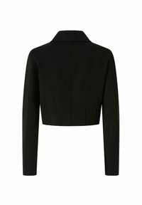 Crni skraćeni sako s dugim rukavima, rever krojem i vertikalnim šavovima na leđima. Izrađen od glatkog, čvrstog materijala.