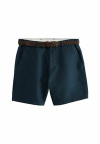Helleblau Shorts aus Baumwolle, mit einem geflochtenen braunen Gürtel, zwei Seitentaschen und einem flachen Vorderdesign.