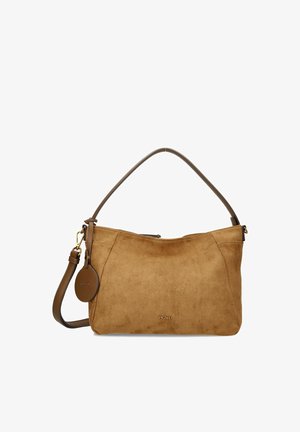 Bruine suède schoudertas met afneembare riem en ronde leren hanger, gouden hardware en Picard-logo aan de voorkant in het midden.