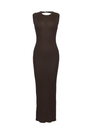 Bez rękawów, ciemnobrązowa, prążkowana dzianinowa sukienka maxi o dopasowanym kroju i okrągłym dekolcie z małym wycięciem w kształcie klucza.